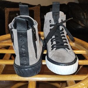 Karl Lagerfeld Gray Suede High-Top Sneakers with Black & White Accents